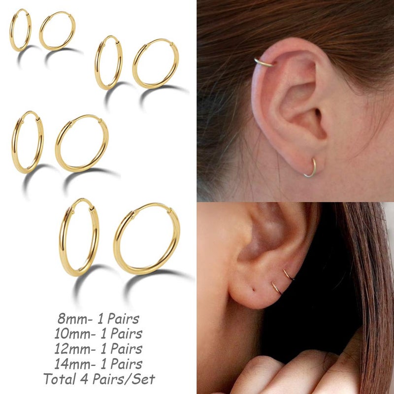 EPIRORA EPIRPRA Silver Hoop Earrings- Cartilage Earring Small Hoop Earrings for Women Men,4 Pairs of Hypoallergenic 925 Sterling Silver Tragus Earrings(Gold,8mm/10mm/12mm/14mm) - Image 2